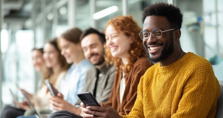 Diverse group of friends smiling while using smartphones indoors