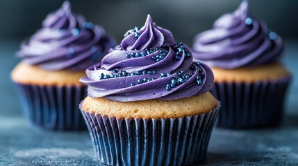 Three cupcakes with purple frosting and blue sprinkles
