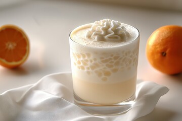Creamy orange yogurt drink with whipped topping and fresh oranges on white fabric background