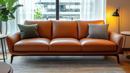 Tan leather sofa, pillows, bright room with potted plant