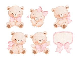 Watercolor Illustration Set of Baby Bears Wear Pink Bow