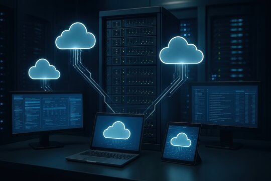 Cloud Computing Infrastructure: Digital clouds connect to laptops, desktop, and tablet in a server room, suggesting a seamless network and digital ecosystem - Powered by Adobe