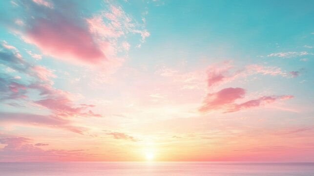 Pastel sky sunset with pink clouds above calm horizon - Powered by Adobe