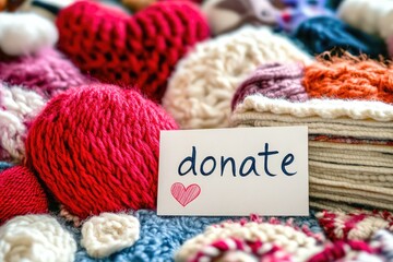 Knitted goods and yarn piled high, with a "donate" card