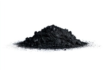 A heap of black powder with an uneven texture is centered on a bright white background