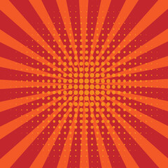 Fototapeta premium Pop Art red and orange Sunburst Background with Halftone Dots. Retro Comic Burst Wallpaper for Superhero Text, Poster, or Vintage Cartoon Design.