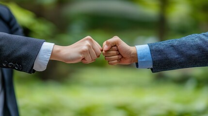 Two business professionals fist bumping outdoors