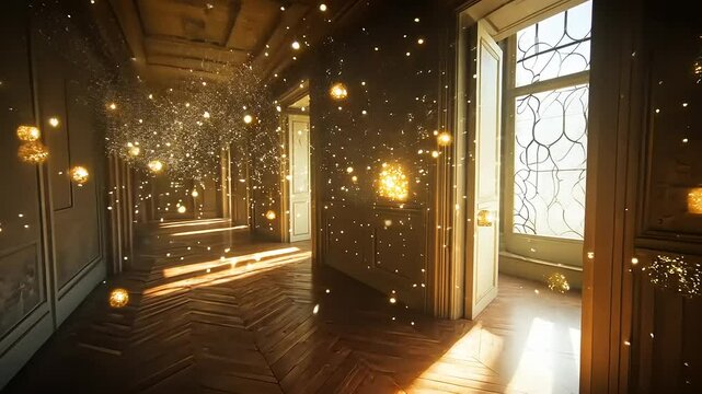 Ethereal hallway illuminated by floating lights, showcasing intricate architecture and natural sunlight