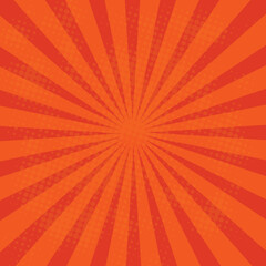 Pop Art orange Sunburst Background with Halftone Dots. Retro Comic Burst Wallpaper for Superhero Text, Poster, or Vintage Cartoon Design.
