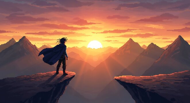 Pixelated hero standing at a cliff's edge gazes at a brilliant sunset over mountain peaks, rendered in vibrant, vintage pixel art style.