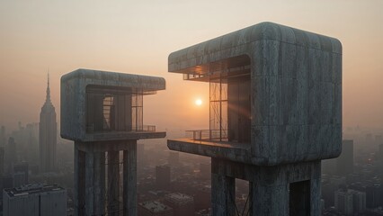 Futuristic concrete structures rise above a city at sunrise.