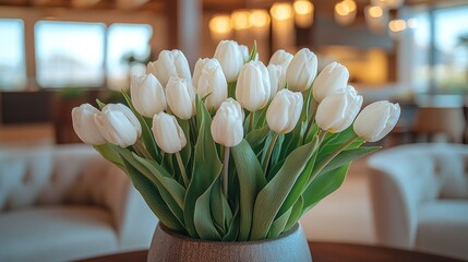 Vase of white tulips on table, blurred room background