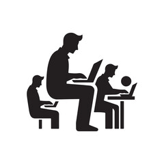 people working on laptop vector silhouette clip art logo design illustration.