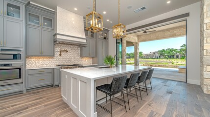 Upscale kitchen with island, opens to outdoor patio