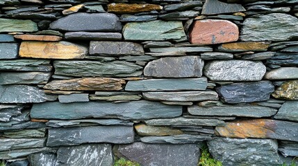 Varied slate rocks form a layered textured stone wall