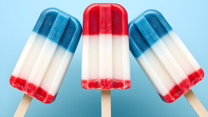 Three patriotic red white and blue popsicles arranged in a fan shape against a solid light blue background