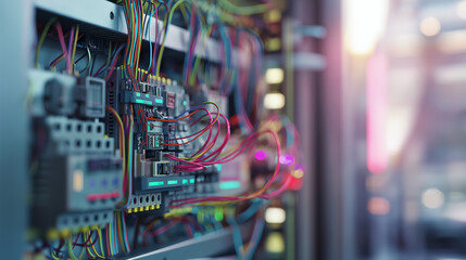 Colorful wiring in an industrial electrical panel, showcasing precision and modern engineering.