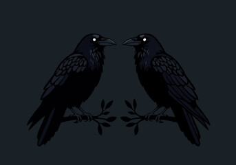 Obraz premium Two stylized black ravens with glowing white eyes perched on branches against a dark background