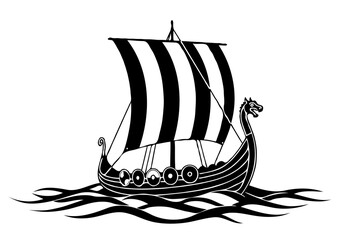 Black and white illustration of a viking longship sailing on wavy water
