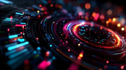 Futuristic Data Interface with Glowing Circular HUD Elements in Dark Environment perfect for AI technology branding, cybersecurity visuals, digital dashboards and sci-fi concept art