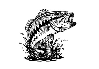Black and white illustration of a largemouth bass leaping from the water