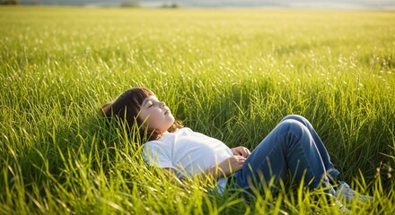 Child Lying in Grass on a Sunny Day, Eyes Closed While Taking a Deep Breath