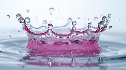 Water splash forms crown shape, pink liquid inside
