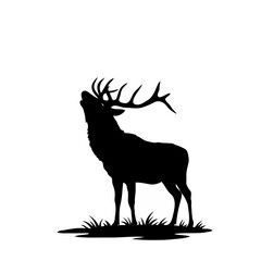 Majestic black silhouette of a stag with large antlers calling out in a field