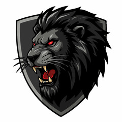 Fierce black lion head with red eyes on a dark shield emblem