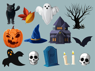 happy halloween concept colorful icons and signs and symbols set isolated design template vector illustration.