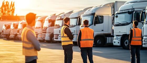 Workers overseeing truck logistics at sunset.