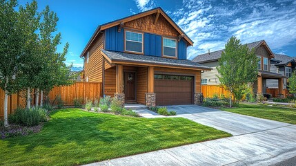 Two-story house, wood & blue siding, lush lawn, sunny