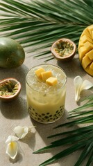 Tropical mango passionfruit bubble tea with fresh tapioca and ice