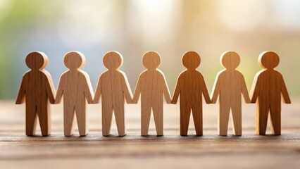 Soft focus group of wooden figurines standing together representing diversity and inclusion
