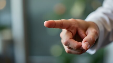 Obraz premium A close-up of a human hand pointing forward with an extended index finger against a blurred background.