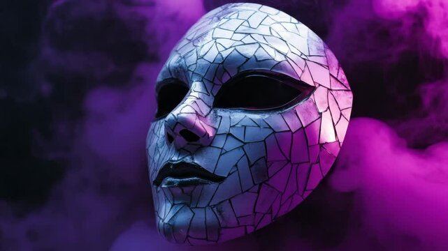 Cracked mask face mask with purple smoke and dark background creating mysterious abstract art surreal broken mosaic eerie theatrical decoration fantasy isolated close up expressionless ceramic
