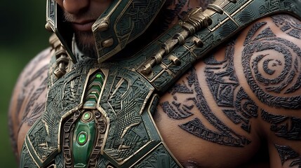 Maori warrior exosuit with tribal tattoo circuits, glowing greenstone (pounamu) power core