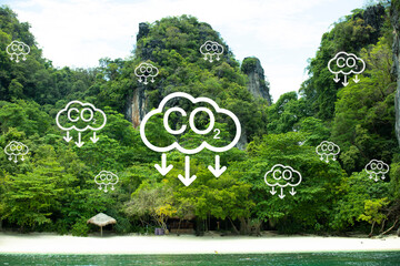 Illustration of a tropical forest absorbing carbon dioxide (CO₂) to reduce greenhouse gases and...