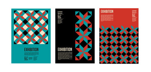 Art exhibition posters with abstract painting design. Vector vertical banners, invitation flyers to museum or gallery with trendy creative background with colorful patern blobs and drawn shapes.