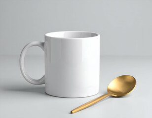 Elegant White Ceramic Coffee Mug with Gold Spoon Pastel Grey Tabletop Still Life Photography