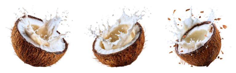 Collection of cracked open coconuts with milk splashing out in mid-air isolated on a white or transparent background