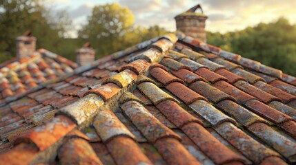Weathered terracotta tiles on roof with moss and lichen
