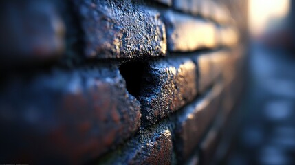 Weathered brick wall with deep hole, blur background