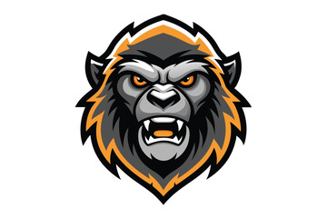 An intimidating gray gorilla with fierce orange eyes bares its teeth aggressively