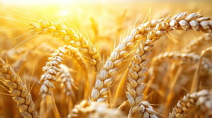 Wheat field glowing under warm sunlight, close-up view