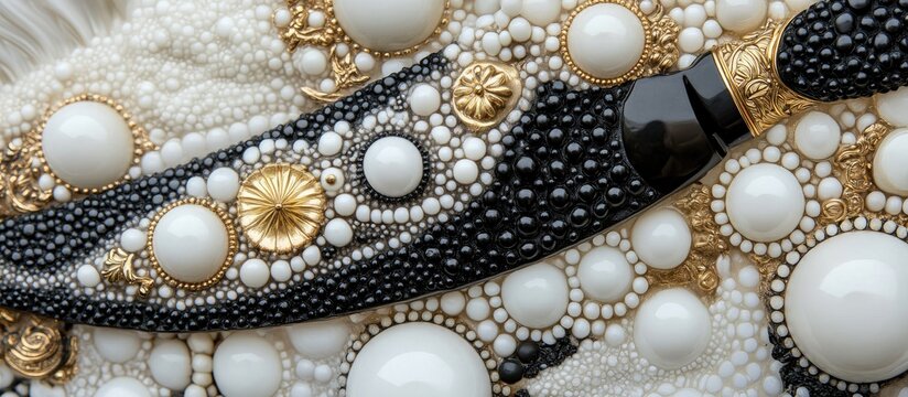 A decorative object, possibly a knife or tool,  adorned with a profusion of white and black beads, accented by gold details