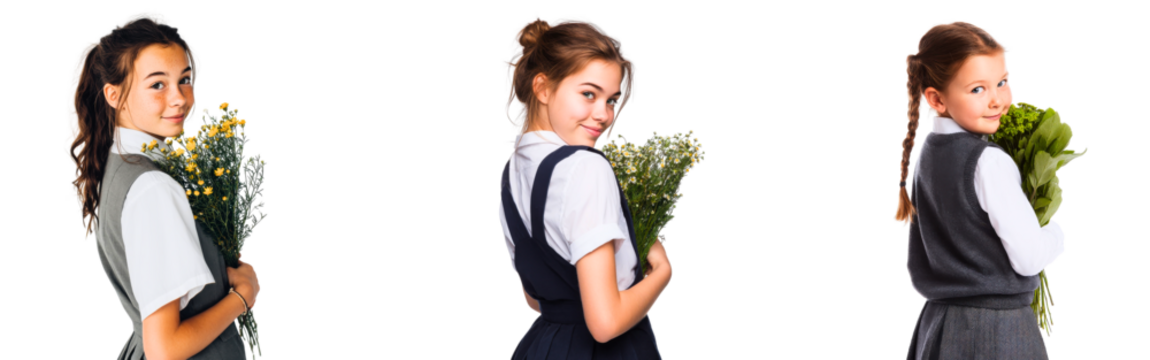 Collection of girls in school uniforms holding small flowers behind their backs and smiling shyly isolated on a white or transparent background - Powered by Adobe
