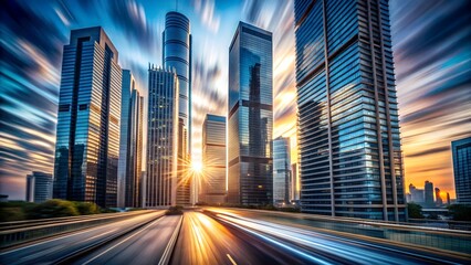A dynamic view of a city skyline at sunset with fast moving traffic