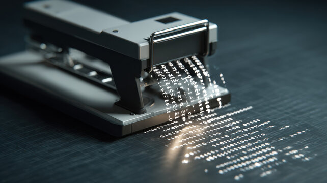 A close-up shot of a stapler stapling lines of code, symbolizing the importance of data and information security
