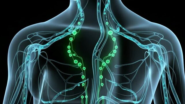 Illustration of human lymphatic system showing lymph nodes and vessels in the upper body region